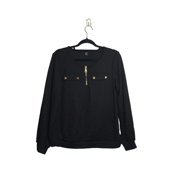 Shein Lune Black Gold Hardware Half Zip Flap Pocket Waffle Knit Top Large Women - Picture 9 of 9